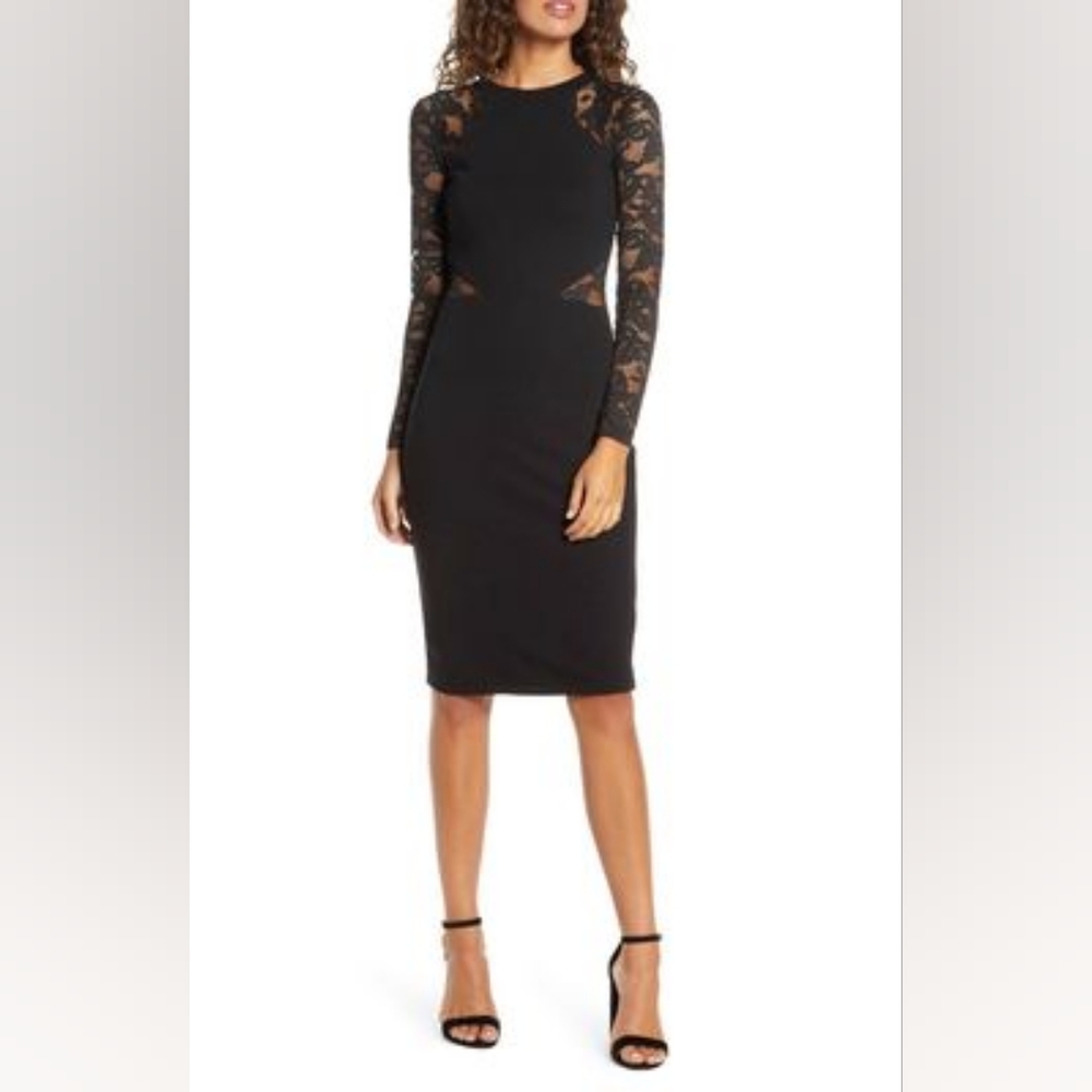 French Connection Women's Black Lace & Mesh Sleeve Bodycon Dress Size 4